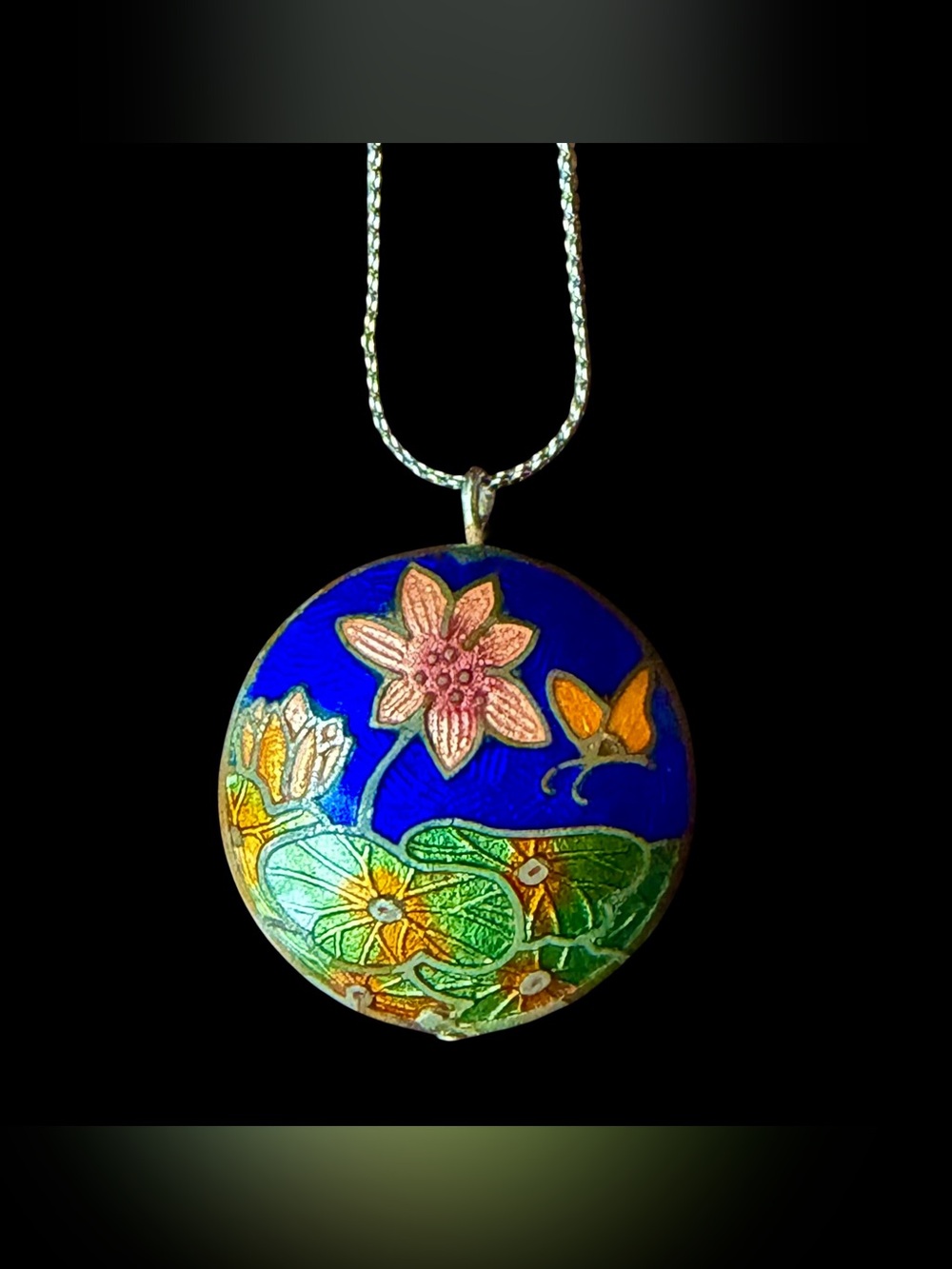 Vintage Double Sided Cloisonné Pendant Necklace